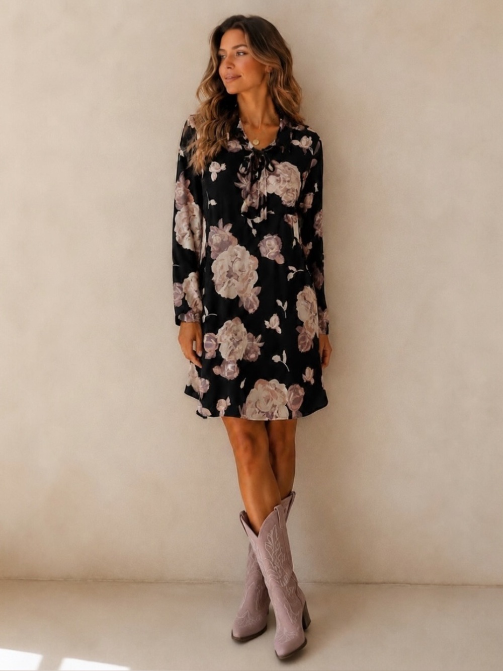 Mud Pie Floral Long-Sleeve Shirt Dress Lace-Up sz S Black White Pink